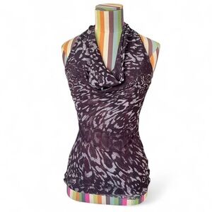 Bebe Micro Mesh Animal Print Cowl Neck Tank Top